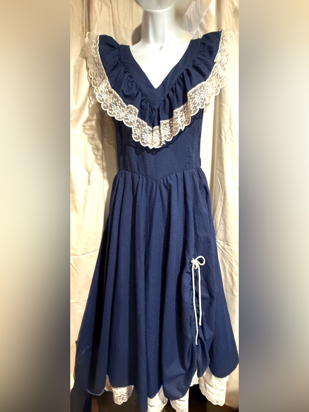 70s Vintage Gunne Sax Prairie Peasant Midi Dress Navy Polka Dot Cottagecore 11